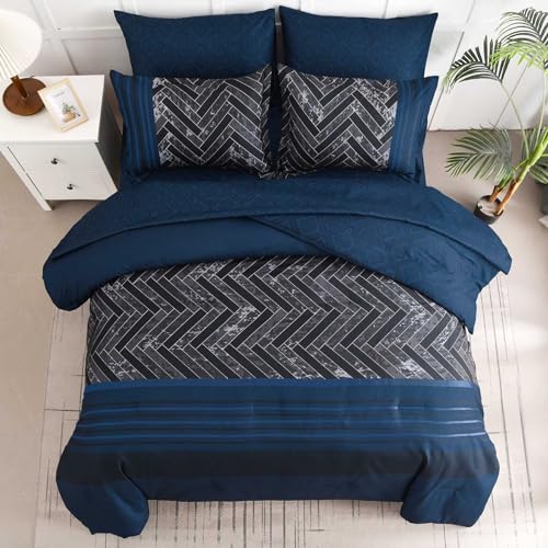 Luxudecor Navy Blue Comforter Set King Size, 7 Pieces Stripe Geometric Bed in a Bag, Soft Microfiber Navy Comforter and Sheet Set Complete Bedding Sets for All Seasons 104"×90" Luxudecor