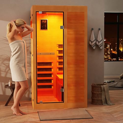 ROCSUMOO Infrared Sauna for 1 Person, Wooden Dry Sauna Room with backrest, 960W/120V Low EMF Indoor Saunas with Control Panel, 7-Color Therapy&Timer, Bluetooth Speakers for Home ROCSUMOO