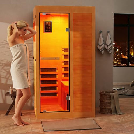 ROCSUMOO Infrared Sauna for 1 Person, Wooden Dry Sauna Room with backrest, 960W/120V Low EMF Indoor Saunas with Control Panel, 7-Color Therapy&Timer, Bluetooth Speakers for Home ROCSUMOO