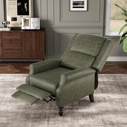 FHUKMZOI Leather Recliner Chair, Pushback Recliner Chair with Adjustable Backrest Footrest, Mid-Century Modern Living Room Reclining Chairs with Lumbar Support for Reading Bedroom (Dark Green)