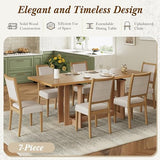Merax 82'' 7-Piece Rustic Extendable Dining Table Set, Trestle Kitchen Table with 6 Upholstered Chairs and Two 12'' Removable Leaves, Solid Rubber Wood Farmhouse Dining Set, Natural+Beige Merax