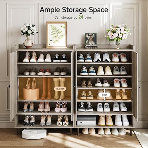 ComfyCorner Grey 7+1 Tier Farmhouse Shoe Storage Cabinet - 45" Tall Entryway Organizer with Cross Molding Doors, 3 Adjustable Shelves & Metal Legs, Shoe Rack for Front Door Entrance ComfyCorner