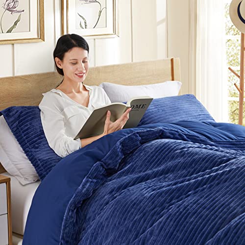 Nestl Premium Flannel Duvet Cover Set - 2 PC Reversible Twin Comforter Cover Set with Microfiber Back - 1 Velvet Duvet Cover Twin with Zipper Closure & 1 Pillow Sham 68 x 90 inches – Navy Blue Nestl