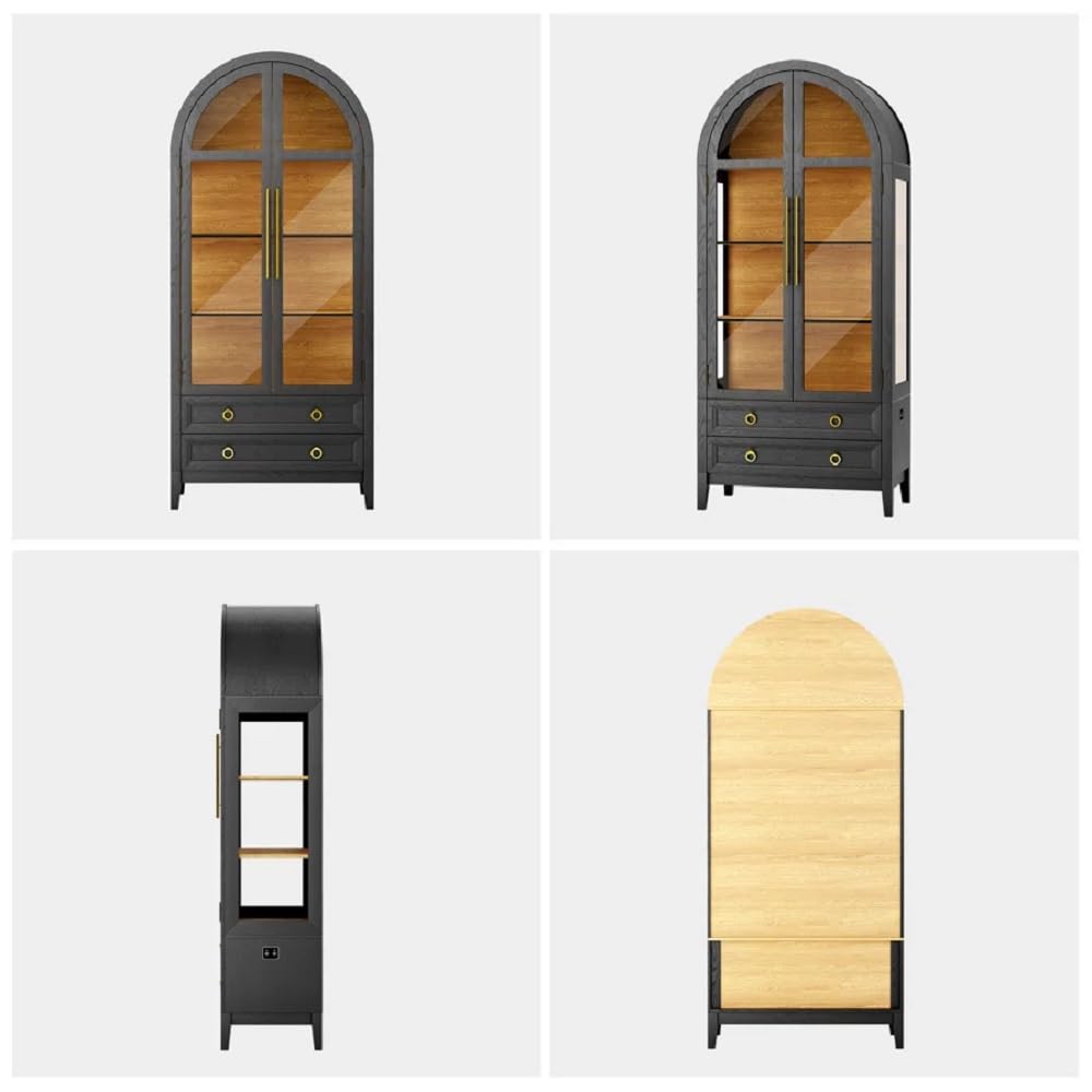 EOAWE Arched Curio Cabinet with Glass Doors, 4-Tier Display Cabinet with 2 Drawers, Tall Bookcase with 3 Color Lights, Display Case, Kitchen Pantry, Black+Wood EOAWE