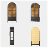 EOAWE Arched Curio Cabinet with Glass Doors, 4-Tier Display Cabinet with 2 Drawers, Tall Bookcase with 3 Color Lights, Display Case, Kitchen Pantry, Black+Wood EOAWE