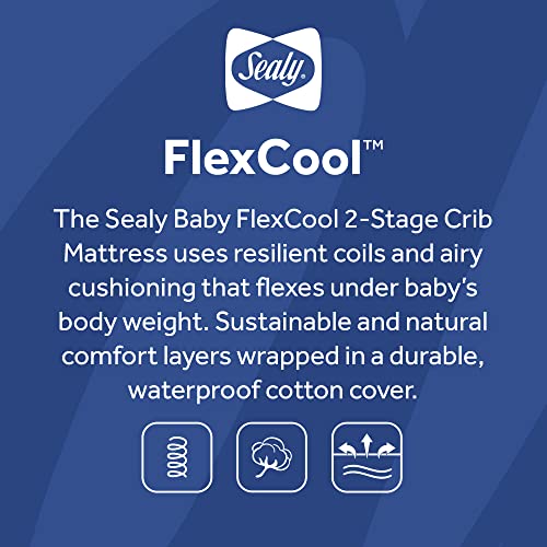 Sealy Baby Flex Cool Breathable 2 Stage Waterproof Crib Mattress plus Toddler Bed Fit, Airy Cotton Cover, 204 Premium Coils, GREENGUARD Gold Certified, Safety & Quality Tested, Made in USA, 52'X28' SEALY BABY