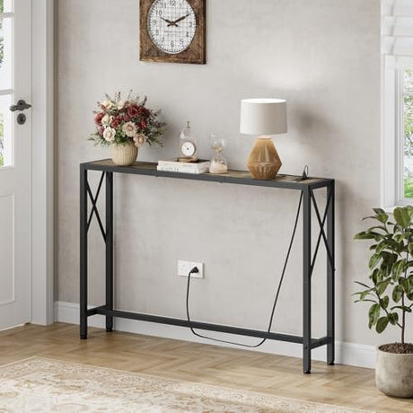 Gewudraw 41.7" Console Table, Narrow Behind The Couch Table with Outlet, Industrial Skinny Sofa Table for Hallway, Entryway, Living Room,Walnut Gewudraw