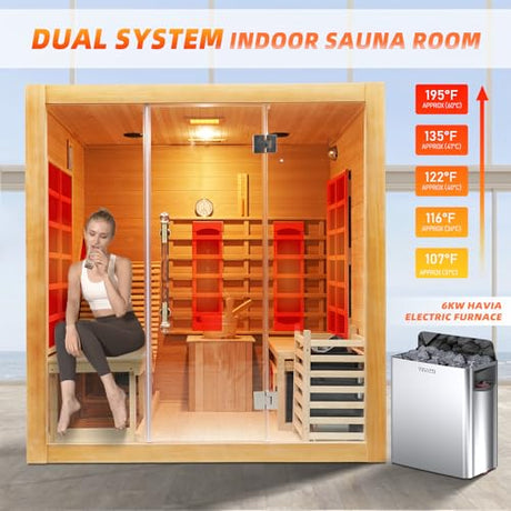 Smartmak Far Infrared 2 Person Recliner Sauna Room, Indoor Traditional Sauna Room, 10 Heating Panels, 7 Color Light, Oxygen Bar, Bluetooth Speaker (220V, 3400W) (Cedar, 3 Person) Smartmak