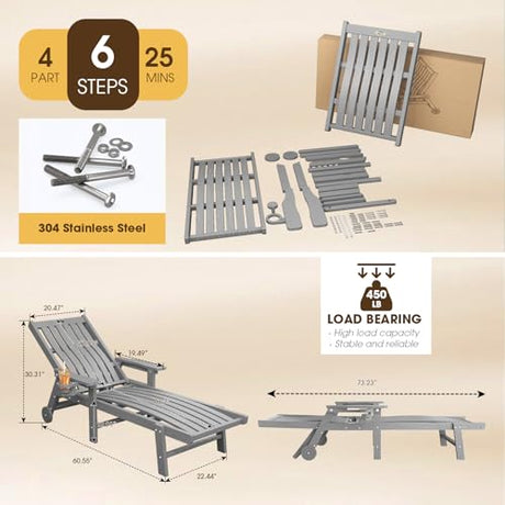 THOEOE Patio Chaise Lounge Chair Set of 2, Lounge Chair Outdoor with 5 Positions, HDPE, Patio Lounge Chair with Wheels & Cup Holder for Pool, Deck, Poolside,Grey THOEOE