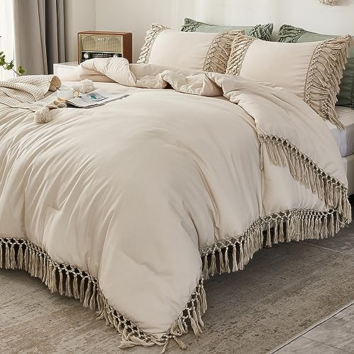 Andency Comforter Queen Size Set Beige, 3 Pieces Tassel Boho Lightweight Winter Bedding Comforters & Sets, All Season Bed Set (90x90In Comforter & 2 Pillowcases) Andency