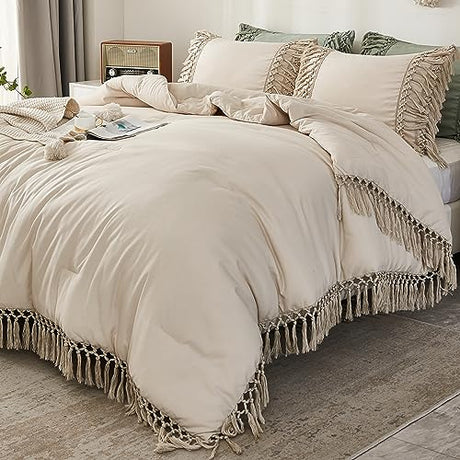 Andency Comforter Queen Size Set Beige, 3 Pieces Tassel Boho Lightweight Winter Bedding Comforters & Sets, All Season Bed Set (90x90In Comforter & 2 Pillowcases) Andency