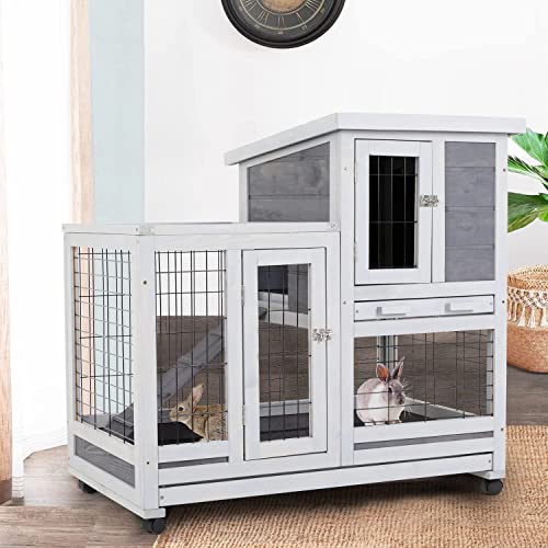 Rabbit Hutch Indoor and Outdoor Rabbit Cage 37 Inch Wide Wooden Hutch House Guinea Pig Cage with Wheels Rolling Large Hutch Cage,Grey - WoodArtSupply