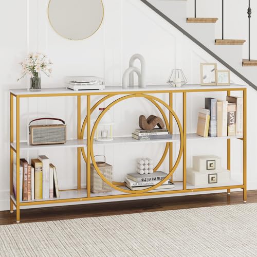 Giantex Narrow Long Console Table, 3-Tier Entryway Table with Faux Marble Top & Heavy-Duty Metal Frame, Mid-Century Accent Sofa Tables with Open Storage Shelves for Living Room, Hallway(White+Gold) Giantex
