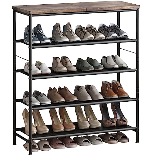 INGIORDAR Shoe Rack Organizer 5 Tier Metal Organizer Shelf with Industrial MDF Board and Layer Fabric for Entryway Closet Bedroom Living Room Garage,Black & Rustic Brown INGIORDAR