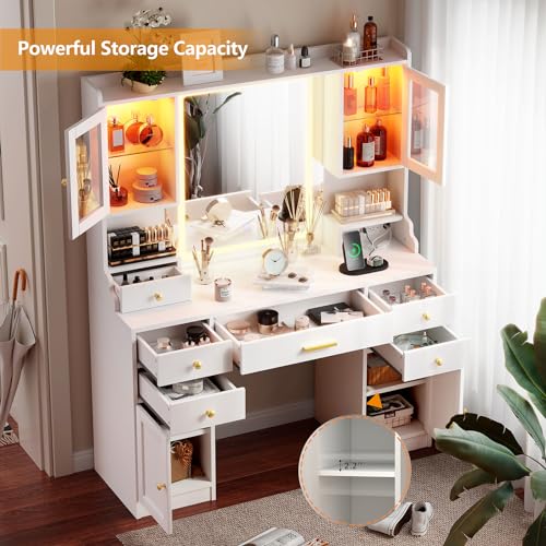 White Vanity Desk with Mirror, Lights and Charging Station - Large Makeup Table Set with RGB Cabinets and 3 LED Light Modes CSZZD