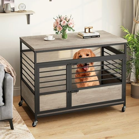 DWVO Dog Crate Furniture, 39.4 Inch Dog Kennel Indoor Furniture with Double Doors, End Table Cage for Large Dogs, Modern Decorative Cage Wooden Dogs Crate Furniture with Wheels, Grey DWVO