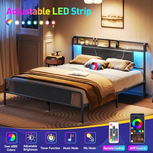 RALGEND Queen Bed Frame with Headboard, LED Upholstered Bed Frame with Charging Station, Metal Platform Bed with Under Bed Storage, No Box Spring Needed, Noise Free, Easy Assembly, Black RALGEND