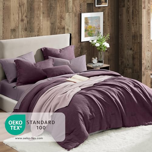 Geniospin Purple Queen Comforter Set - 7 Pieces Egglant Comforter Queen Size, Solid Bedding Set for All Season, Textured Bed in a Bag with Sheets Geniospin