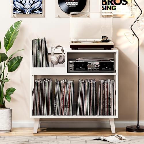 Uoders Record Player Stand with Vinyl Storage, Mid-Century Modern Turntable Stand Holds 150+ Albums, Record Player Table with Metal Dividers, Wood Media Console for Living Room (White, Single-Sided Small) UODERS