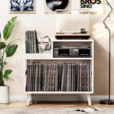 Uoders Record Player Stand with Vinyl Storage, Mid-Century Modern Turntable Stand Holds 150+ Albums, Record Player Table with Metal Dividers, Wood Media Console for Living Room (White, Single-Sided Small) UODERS