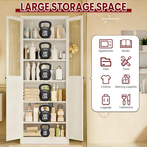 AQY Kitchen Pantry Cabinet,72" White Pantry Storage Cabinet with 5 Tire Adjustable Shelves and Glass Doors,Freestanding Cupboard,Metal Pantry Cabinets with Handle for Living Room,Assembly Required AQY