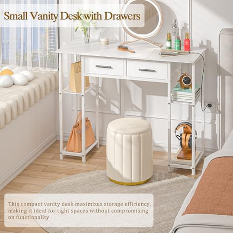 ThreeHio White Vanity Desk No Mirror, Small Makeup Table with Drawers, Girls Vanity Dressing Table with Storage Shlef for Bedroom, 37.3 Inches Compact Vanity for Small Spaces ThreeHio