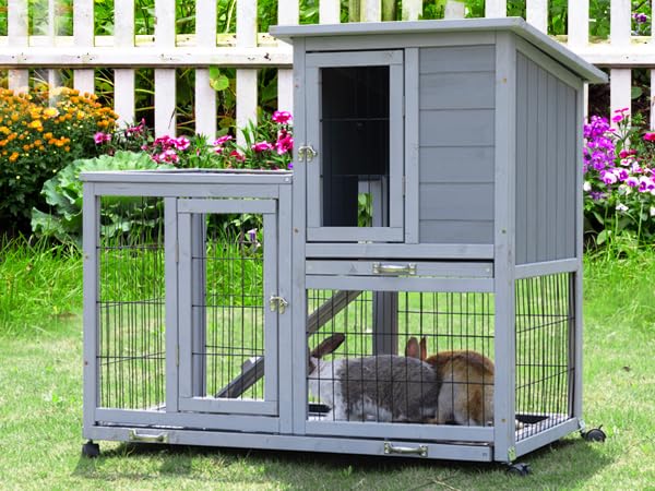 Rabbit Hutch Indoor Outdoor Bunny Cage 39" L Large 2-Story Wooden Small Animal House Enclosure with Wheels, 2 Removable Trays, Waterproof Openable Roof, Grey COZIVVOVV
