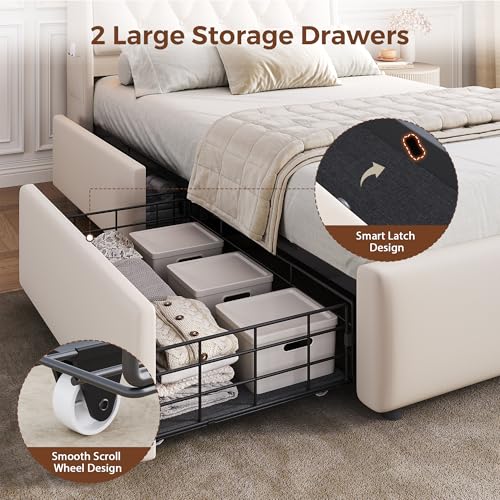 Twin LED Velvet Bed Frame with 2 Storage Drawers&Hidden Headboard, Upholstered Platform Bed with Charging Station&Button Tufted Design, Wooden Slats Support, Box Spring Optional, Easy Assembly, Beige Jocoevol