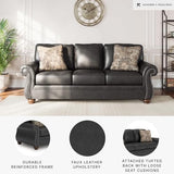 Signature Design by Ashley Chatterton Rustic Faux Leather Sofa with Nailhead Trim and 2 Throw Pillows, Black Signature Design by Ashley