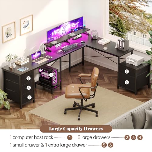 U Shaped Gaming Desk, Reversible L Shaped Computer Desk with Power Outlets & USB Ports, LED Strip & Monitor Stand with Fabric Drawers, Large Corner Desk with Storage Shelves for Home Office, Black iabifo