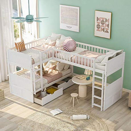 Merax L Shaped Bunk Beds for 3, Triple Bunk Bed with Ladders and 2 Storage Drawers, Twin Over Twin Bunk Bed with Twin Size Loft Bed Attached, Wooden Bunk Bed Frame for Kids Teens Adults,White Merax