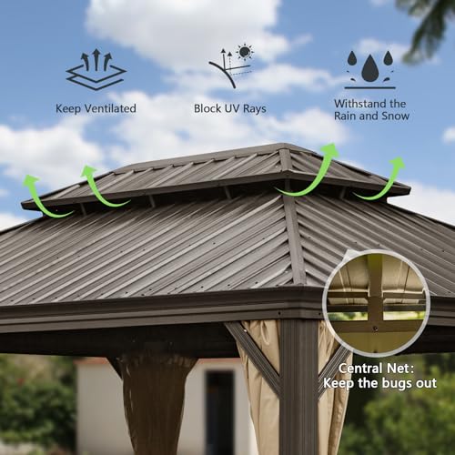 Domi Hardtop Gazebo 12x16FT, Outdoor Gazebo with Galvanized Steel Double Roof, Aluminum Frame, Built-in Gutter System, Curtain and Netting, Metal Gazebo Pavilion for Patio Deck Garden, Brown - WoodArtSupply