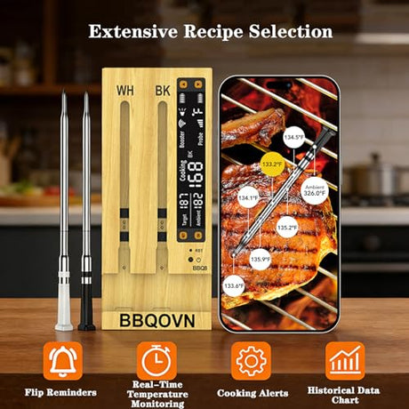 BBQOVN WiFi Sub-1G Wireless Meat Thermometer Unlimited Range 7 NIST Certified Sensors with Ambient Temp 2 Temp Monitoring Ways Digital Smart Base and App for BBQ, Smoker, Grill, Oven (Dual Probes) BBQOVN