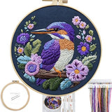 FONNUY Embroidery Kit for Beginners, Birds with Flowers Pre-Stamped Pattern Kits for Adults with Hoop, Easy to Follow Color Thread Needlework, 8'' Hoop (Purple 2)
