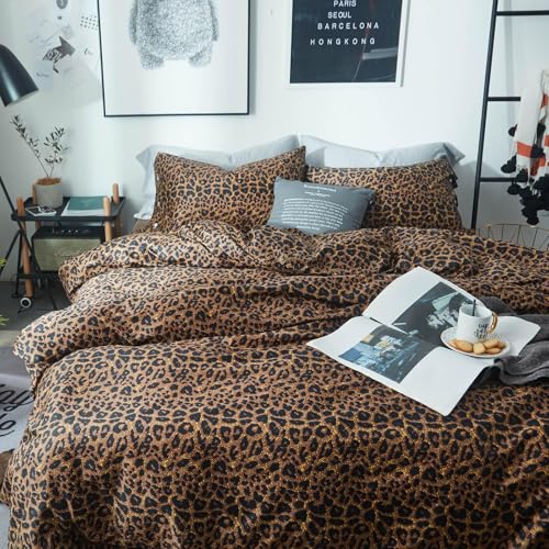 Leopard Print Comforter Set King Soft Fluffy Animal Cheetah Printed Comforter Set 3 Pieces Brown Black Floral Bedding Farmhouse Leopard Pattern King Size Comforter with 2 Pillowcases for All Season LifeTB