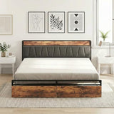 LIKIMIO King Size Bed Frame, Storage Headboard with Charging Station, Platform Bed with Drawers, No Box Spring Needed, Easy Assembly, Industrial Brown and Gray LIKIMIO
