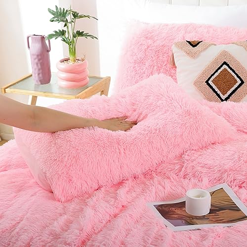 Smoofy Fluffy Full Size Comforter Set, Faux Fur Pink Comforter Set, Luxury Fuzzy Bedding Set, Soft Shaggy Full Bed Set for All Season, 3 Pieces - 1 Comforter & 2 Pillowcases Smoofy