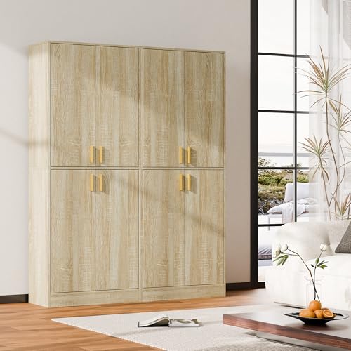 Cozy Castle Kitchen Pantry Cabinet, 71" Tall Wood Storage Cabinet with Doors and Shelves 4 Doors Freestanding Cupboard for Dining Room Living Room Bathroom Furniture, Whitewashed Oak Cozy Castle