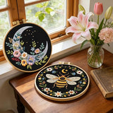 ERKOON Embroidery Kit for Beginners, 2 Set Flower Cross Stitch Set Include Embroidery Cloth Hoops Threads for Craft Lover Hand Stitch with Embroidery Skill Techniques (Bee Moon)