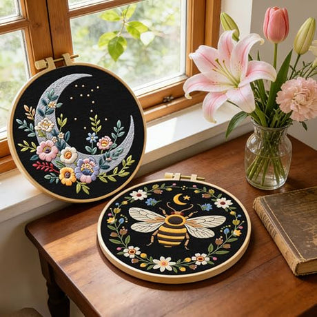 ERKOON Embroidery Kit for Beginners, 2 Set Flower Cross Stitch Set Include Embroidery Cloth Hoops Threads for Craft Lover Hand Stitch with Embroidery Skill Techniques (Bee Moon) ERKOON