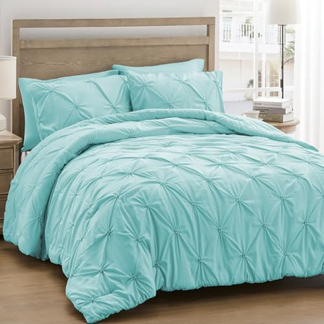 UNIKOME King Size Comforter Set Aqua Blue - Ultra Soft Boho Pintuck Down Alternative Bedding Set for All Seasons, 3 Pieces Lightweight Warm Pinch Pleat Bed Set with Comforter, 2 Pillowcases UNIKOME
