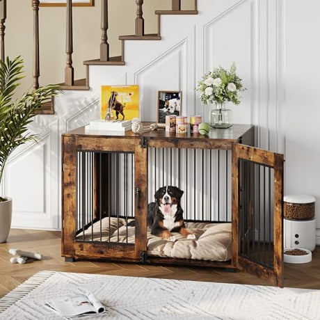 31.5" Dog Crate Furniture - Chew-Resistant Wooden Kennel with Locking Double Doors, Indoor Pet Cage End Table for Medium Breeds GAOMON