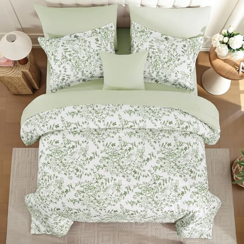 WONGS BEDDING 8 Pieces King Size Comforter Set Green,Sage Green Floral Bed in a Bag Comforter Sets, Soft Reversible Botanical Flowers Bedding Sets for All Season (90"x104") WONGS BEDDING