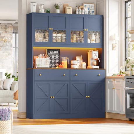 FINETONES 71" Pantry Cabinet with LED Light and Charging Station, Farmhouse Kitchen Pantry Cabinet with Microwave Stand, 47.2" Wide Kitchen Hutch Food Pantry with Open Countertop, Blue FINETONES