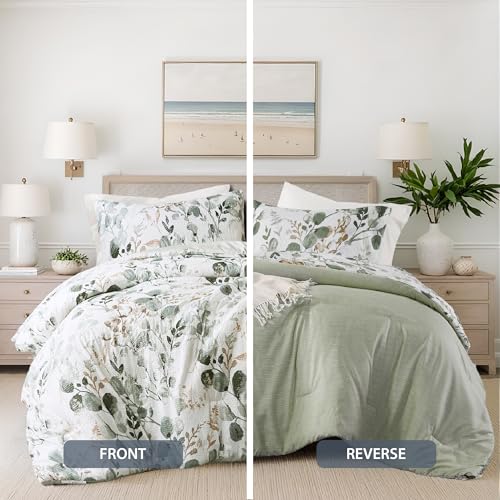 Regency Heights Lightweight Seersucker Botanical Comforter Set Queen Size, 3 Pieces Reversible Design with Striped Print, Premium Microfiber Bedding Set, Comforter and Sham Set, Green Regency Heights