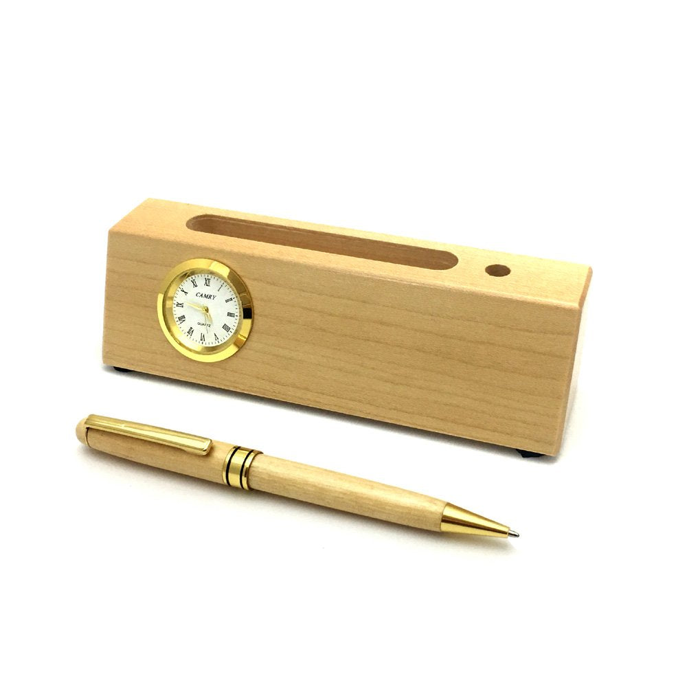 Personalized Solid Maple Wood Business Card Holder with Clock and Pen for Men - WoodArtSupply