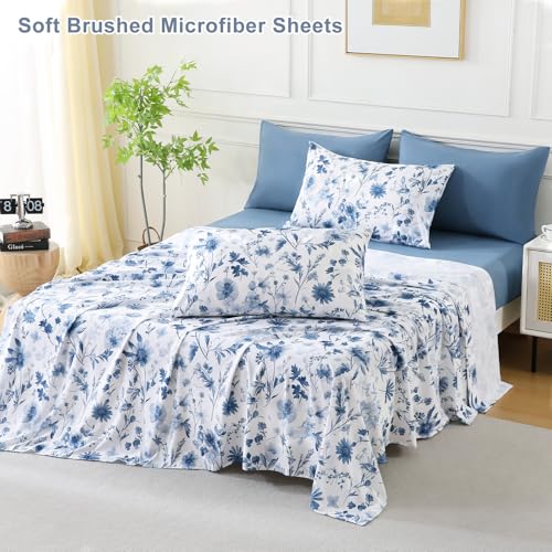 Botanical 6-Piece Full Size Sheets Set, Boho Floral Print Brushed Microfiber Sheets, Cooling Bed Sheet Set, Ultra Soft & Breathable, 16' Deep Pocket Fitted Sheet & Pillowcase Set, Grey Blue Floral Swiftify