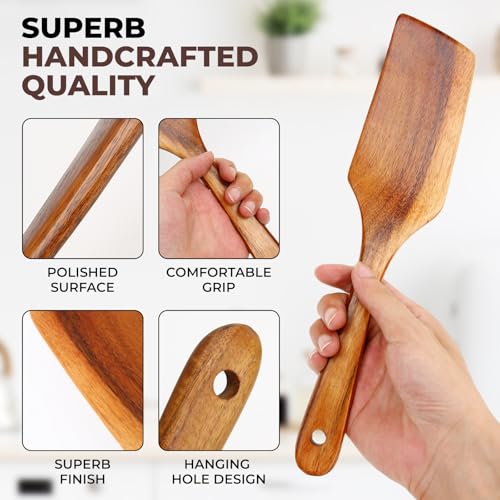 Wooden Spatula for Cooking, Premium Teak Wood Spatula, NonStick Kitchen Utensils Set of 4 Contain Paddle, Turner Spatula, Slotted Spatula and Wood Scraper AIUHI