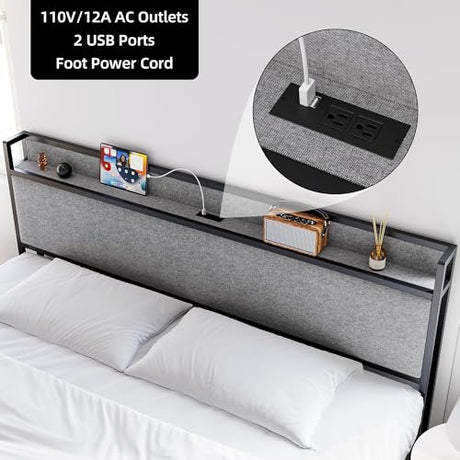 GarveeHome King Size Bed Frame with USB Ports and 2 Storage Drawers, Modern Platform Bed with Upholstered Shelf Headboard, Sturdy, Noise Free, No Box Spring Needed, Gray GarveeHome