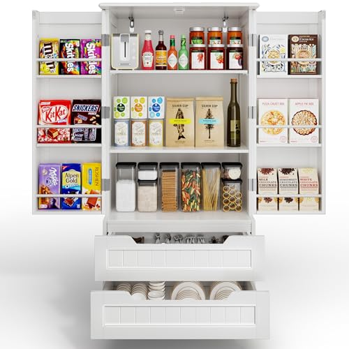 Gizoon 47" White Kitchen Pantry Storage Cabinet with Doors, Shelves, and Drawers for Organised Living Gizoon